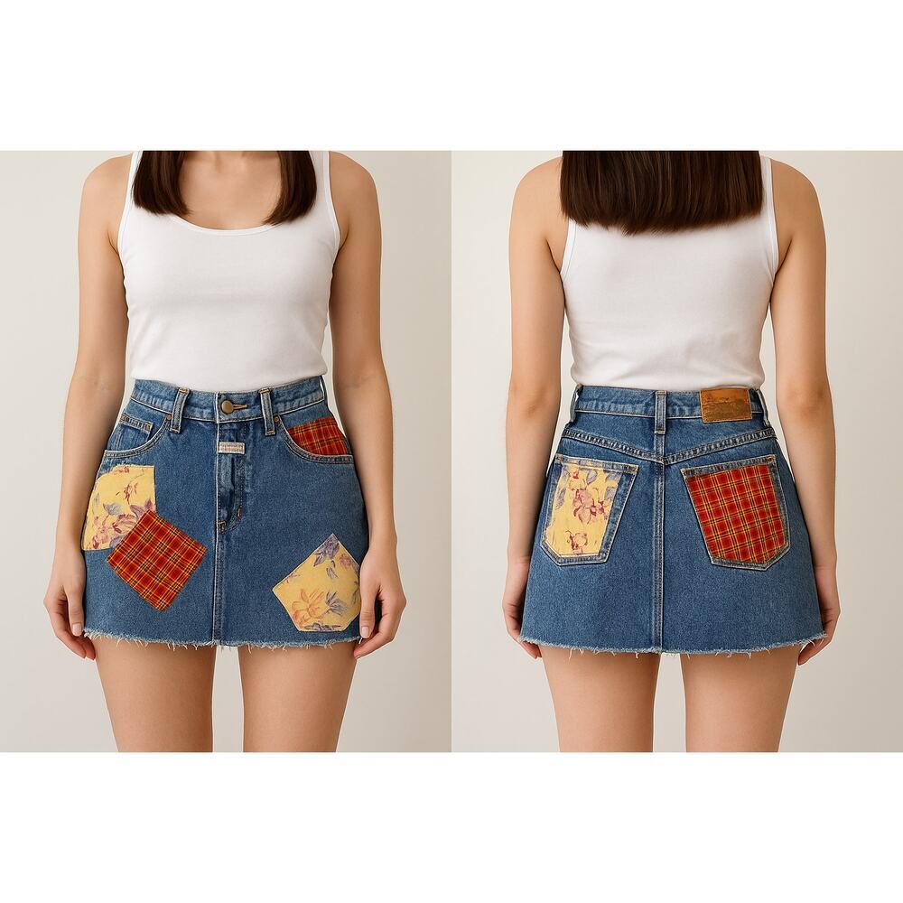 Vtg Marithé François Girbaud Upcycled Jean Mini Skirt Patchwork Floral Plaid XS